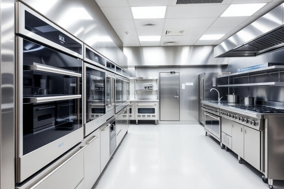 Modern stainless steel commercial kitchen fitted with high tech catering equipment