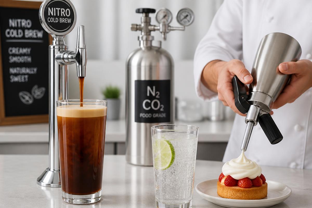 Nitro cold brew pouring, a sparkling drink and cream being dispensed with a food grade gas siphon