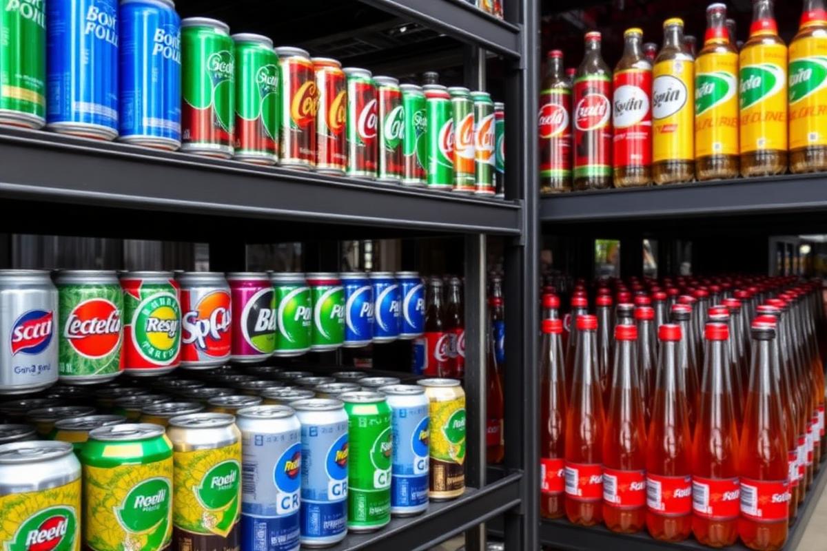 Shelves stocked with assorted soft drink cans and bottles in a wholesale warehouse